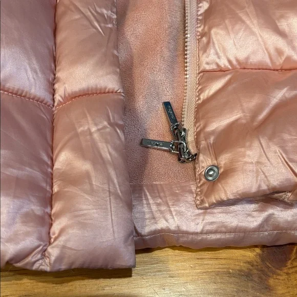 MAYORAL Spain 7 Peach Satin-Lined Jacket Fur Lined Hood High Sheen Puffer Trench